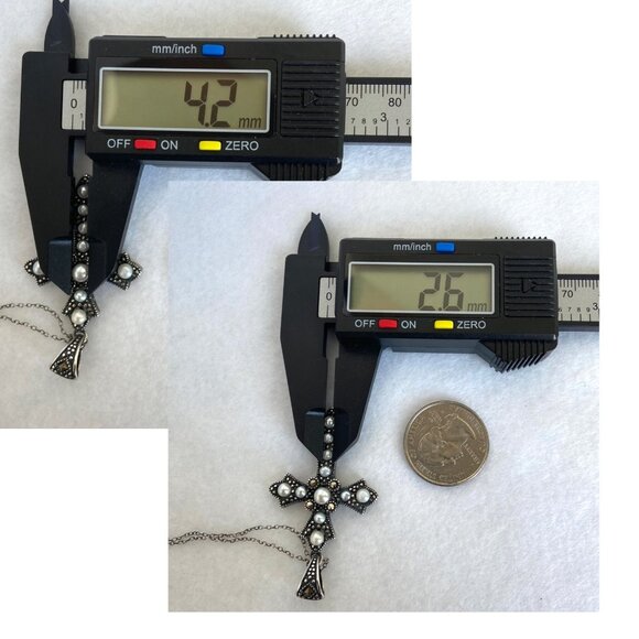 Oxidized Sterling Silver 925 Pearl Marcasite Cross Pendant Necklace 19.5" Chain - Picture 9 of 16